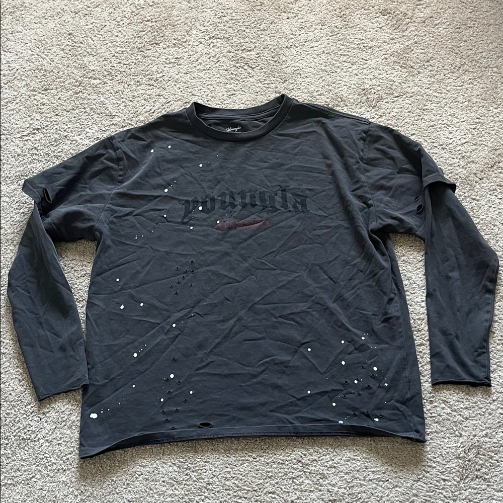 YoungLA Charcoal Long Sleeve Tee with Distressed Design SMALL